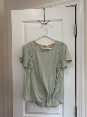 Rewind Light Sage Green Short Sleeve Knot Front Tee with Lace Panels